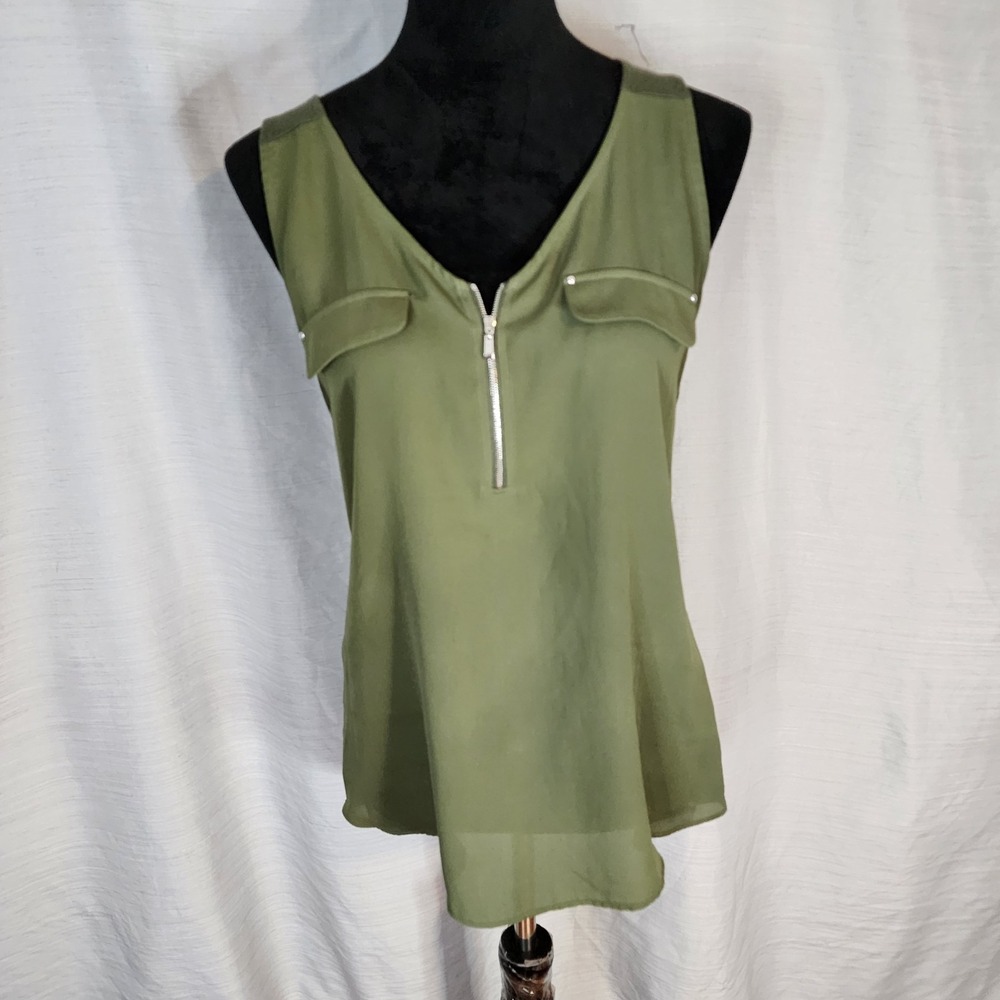 FORTUNE & IVY Size Small Olive Green Zipper Accent Business Casual Tank Top Cami